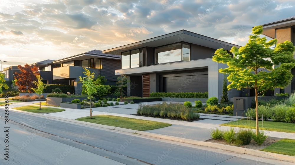 modern, sleek suburban home with an emphasis on horizontal architecture and minimalistic landscaping modern, sleek suburban home with an emphasis on horizontal architecture and minimalistic landscaping
