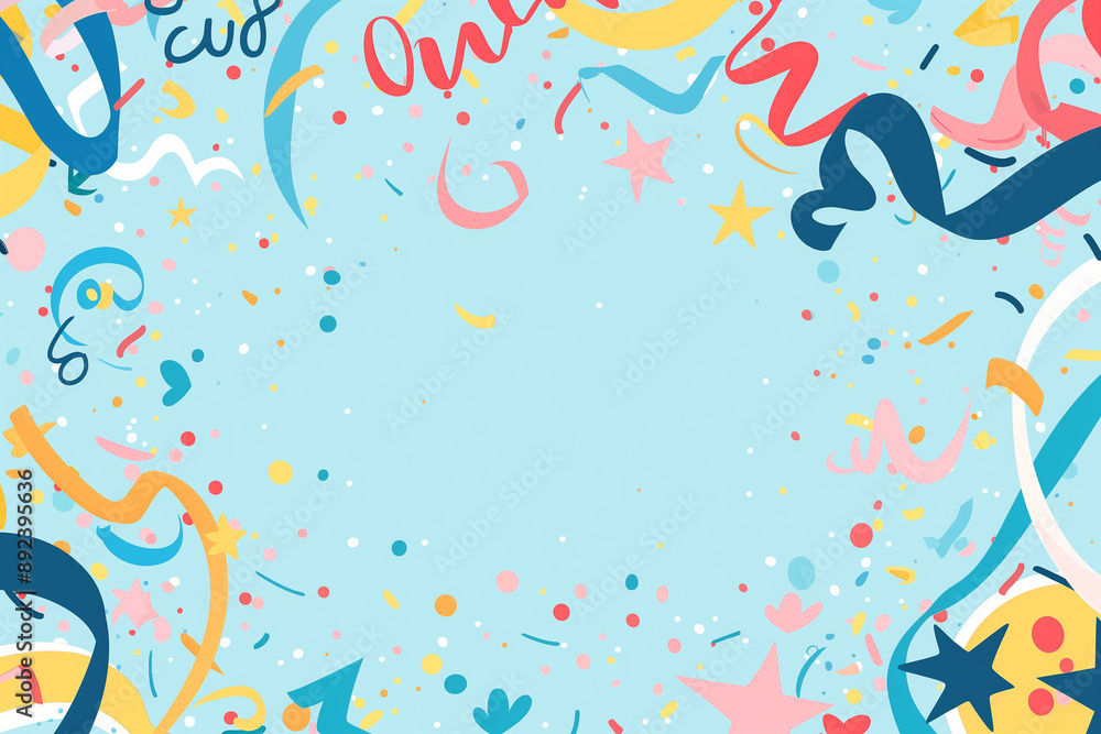 a vibrant and playful birthday party invitation. The design should feature a white background with colorful, abstract shapes and patterns, such as swirls, stars a vibrant and playful birthday party invitation. The design should feature a white background with colorful, abstract shapes and patterns, such as swirls, stars