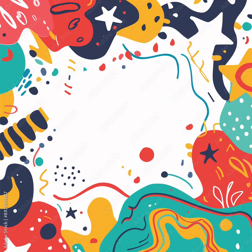 Fototapeta premium a vibrant and playful birthday party invitation. The design should feature a white background with colorful, abstract shapes and patterns, such as swirls, stars