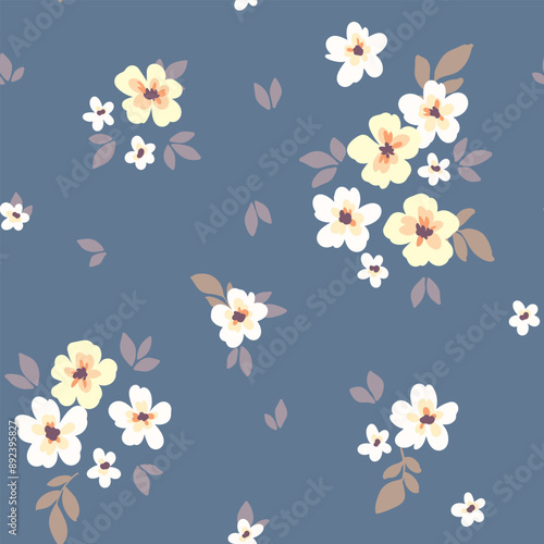 Seamless floral pattern, liberty ditsy print of little simple botany. Cute botanical wallpaper, textile design: small hand drawn white daisy flowers, tiny leaves abstract on blue. Vector illustration.