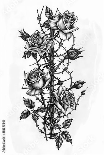 a tattoo sketch of a rose growing through barbed wire. Emphasize the resilience of the rose as it blooms despite the restrictive wire, using fine lines and detailed shading photo