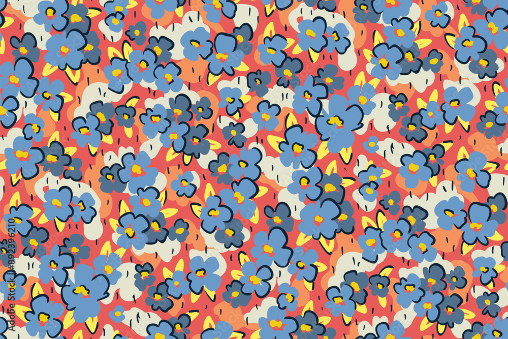 Seamless floral pattern, abstract ditsy print, liberty style sketch meadow. Artistic textile, wallpaper design: small simple hand drawn flowers, leaves, grass on a colorful field. Vector illustration. Seamless floral pattern, abstract ditsy print, liberty style sketch meadow. Artistic textile, wallpaper design: small simple hand drawn flowers, leaves, grass on a colorful field. Vector illustration.