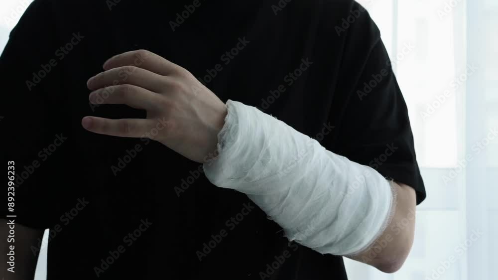 A man with a cast on his arm. Broken arm in a cast. A man with a cast on his arm. Broken arm in a cast.
