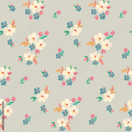 Seamless floral pattern, cute liberty ditsy print, abstract nature ornament in a romantic country motif. Pretty design: small hand drawn flowers, tiny leaves, simple mini bouquets. Vector illustration