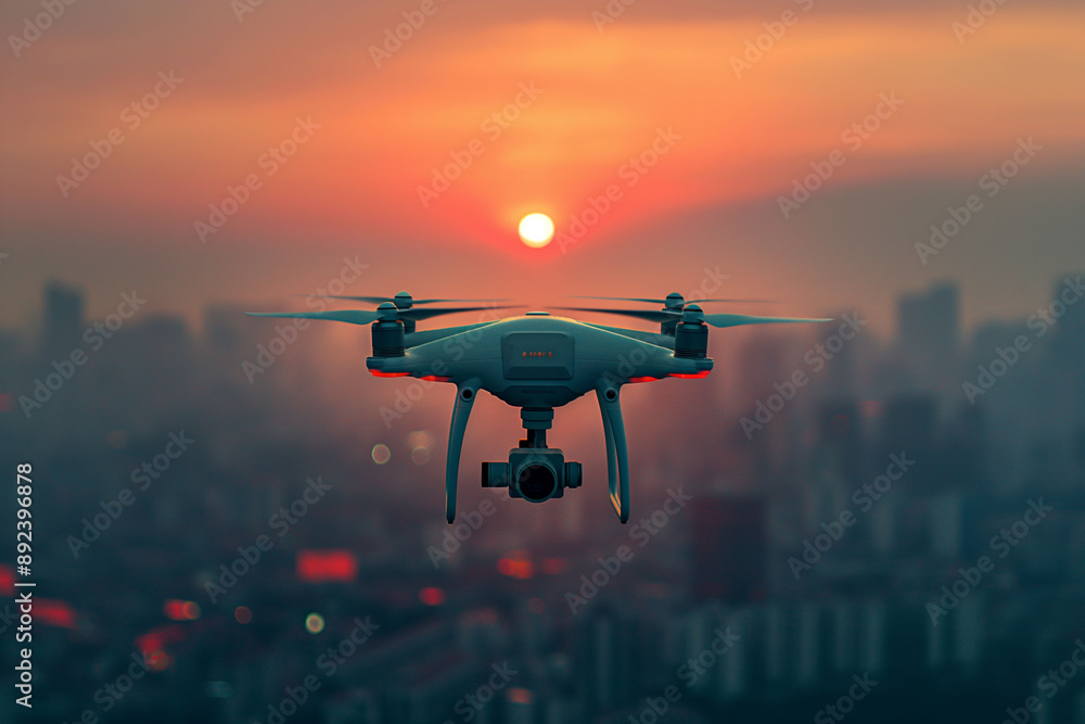 A drone hovers in the sky at sunset with a cityscape in the background, capturing a panoramic view. for themes of drone photography, urban exploration, and modern technology. Copy space A drone hovers in the sky at sunset with a cityscape in the background, capturing a panoramic view. for themes of drone photography, urban exploration, and modern technology. Copy space