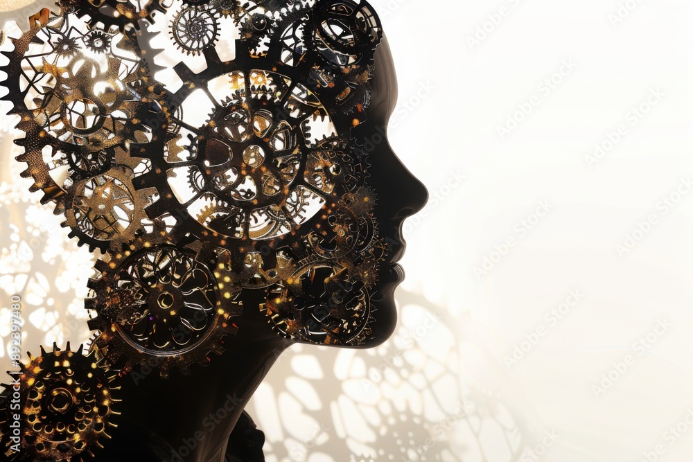 Fototapeta premium Giant human silhouette filled with interconnected gears