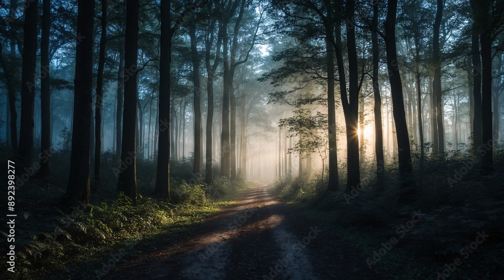 Fototapeta premium Dirt road path in the middle of a misty forest with sunlight shining in the back.