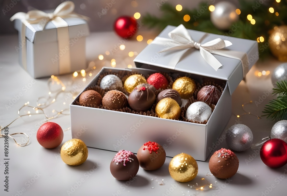 assorted gourmet chocolate truffles in a silver silk gift box assorted gourmet chocolate truffles in a silver silk gift box