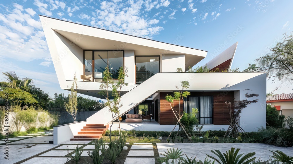 Obraz premium Contemporary minimalist home with a distinctive facade of sharp angles and a focus on indoor-outdoor living Text space required