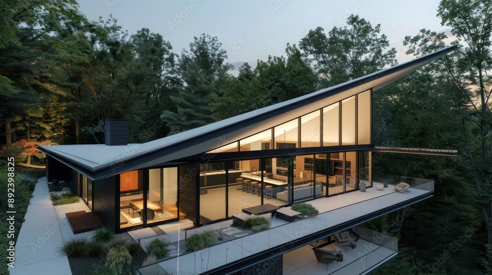 Contemporary minimalist home exterior with a unique angular roof and floor-to-ceiling windows, nestled in a wooded area Space for text Contemporary minimalist home exterior with a unique angular roof and floor-to-ceiling windows, nestled in a wooded area Space for text