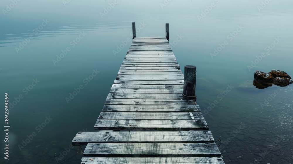 Obraz premium Aged Wooden Footbridge Extending Over Serene Waters, Showcasing Calm Reflections and Weathered Pier Structure in a Peaceful Natural Setting