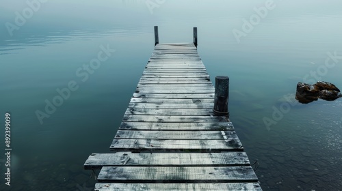 Aged Wooden Footbridge Extending Over Serene Waters, Showcasing Calm Reflections and Weathered Pier Structure in a Peaceful Natural Setting © suyu