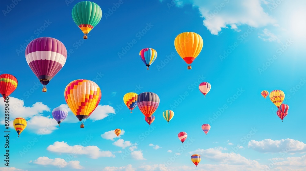 Photograph of a vibrant cluster of colorful balloons soaring high in the clear blue sky, captured in a photorealistic style. Photograph of a vibrant cluster of colorful balloons soaring high in the clear blue sky, captured in a photorealistic style.