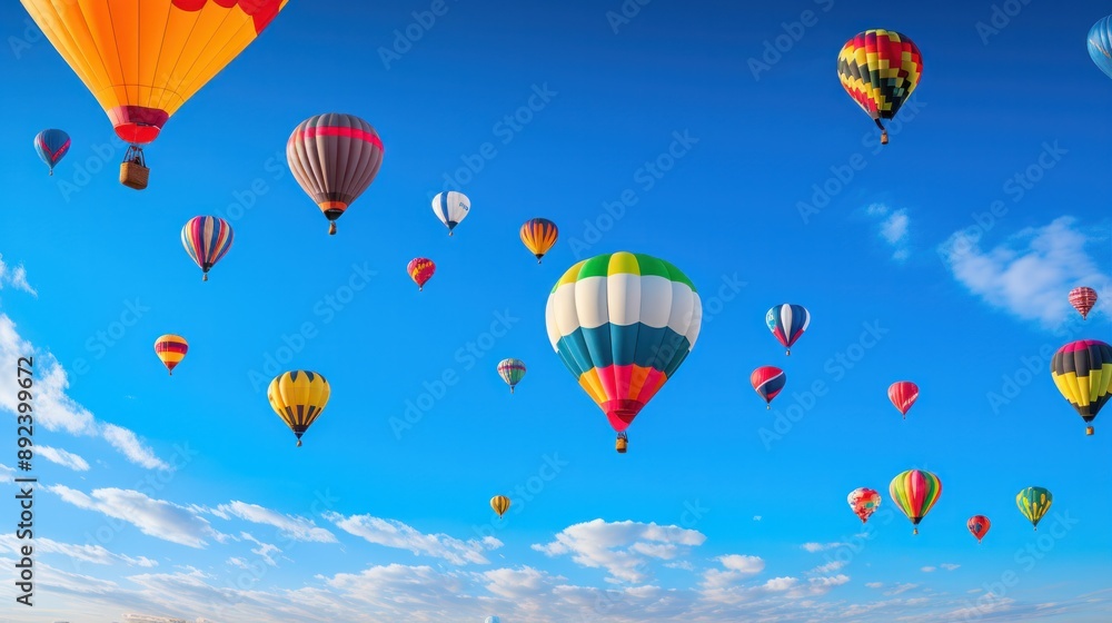 Obraz premium Photograph of a vibrant cluster of colorful balloons soaring high in the clear blue sky, captured in a photorealistic style.