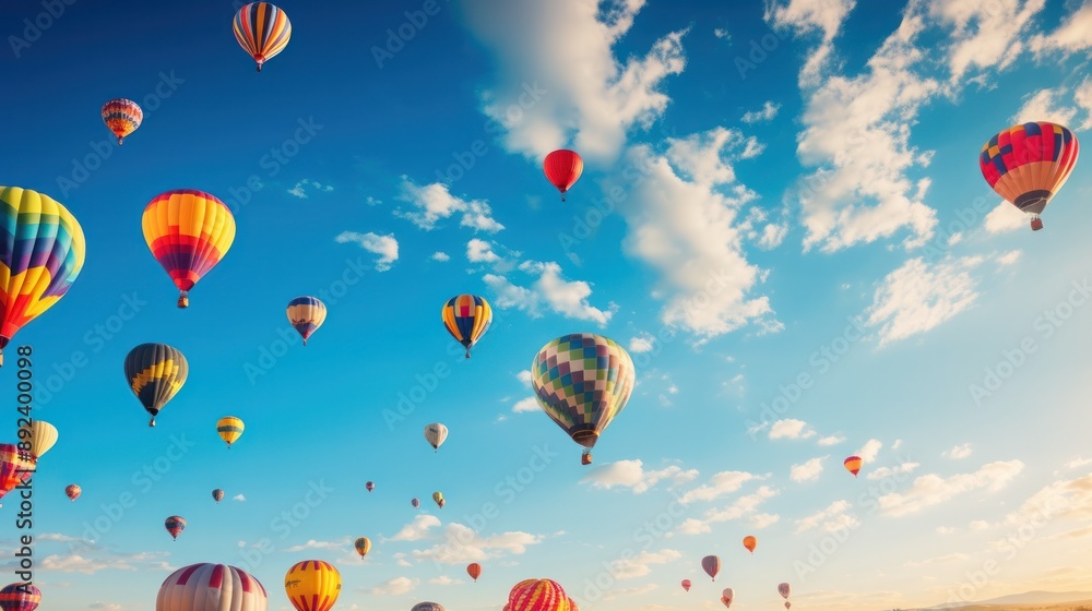 Photograph of a vibrant cluster of colorful balloons soaring high in the clear blue sky, captured in a photorealistic style. Photograph of a vibrant cluster of colorful balloons soaring high in the clear blue sky, captured in a photorealistic style.