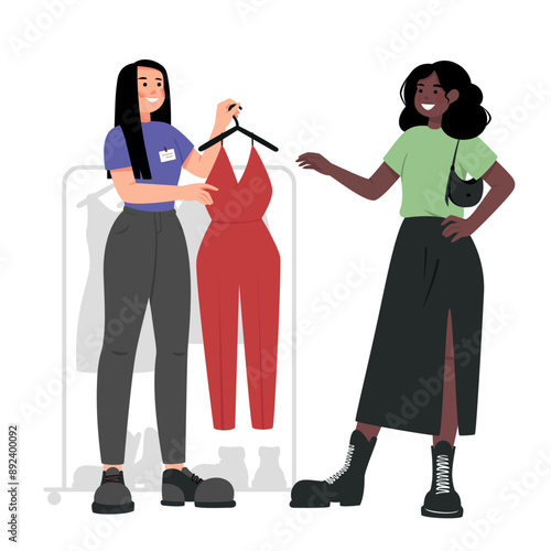 Girl on a shopping spree talking to a fashion consultant
