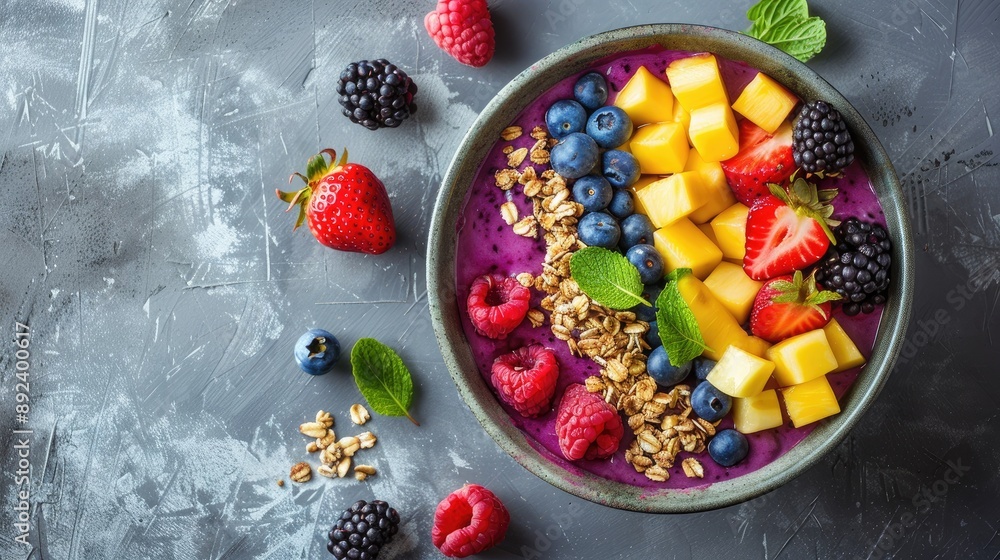Summer acai smoothie bowl with assorted fruits and granola on concrete background close up top view Summer acai smoothie bowl with assorted fruits and granola on concrete background close up top view