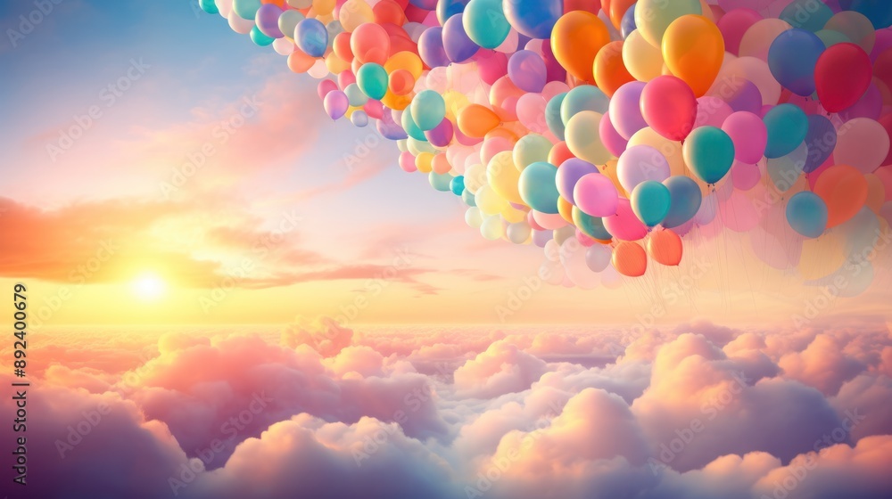 Obraz premium Photograph of a whimsical scene with a multitude of rainbow-colored balloons floating gracefully against a soft pastel sunset backdrop.