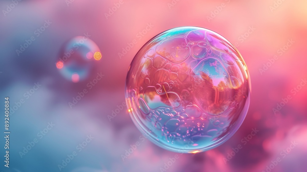 Macro shot of floating soap bubbles with sunset reflections, dreamy and surreal atmosphere Macro shot of floating soap bubbles with sunset reflections, dreamy and surreal atmosphere