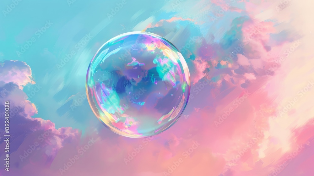 Iridescent bubble floating against pastel sky, dreamy atmosphere. Fantasy and imagination concept Iridescent bubble floating against pastel sky, dreamy atmosphere. Fantasy and imagination concept