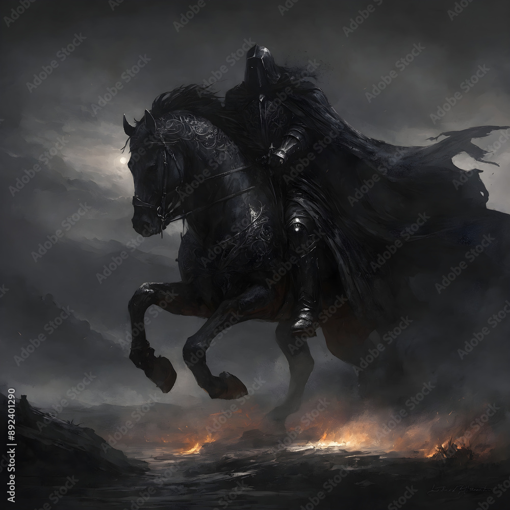 Dark Portrait of a Warrior with Horse, Sword and Hoodie Representing Shadows Redemption Dark Portrait of a Warrior with Horse, Sword and Hoodie Representing Shadows Redemption