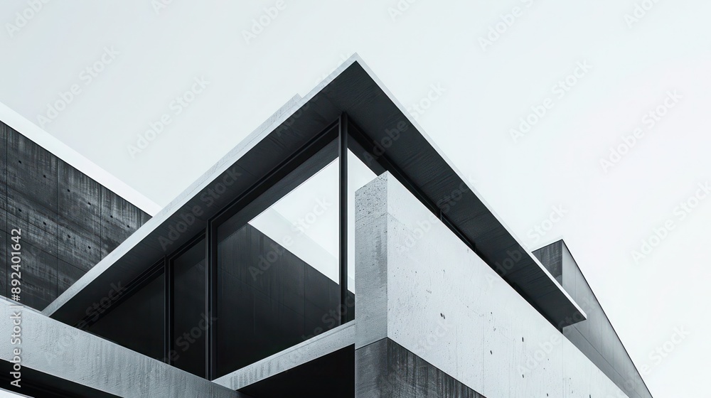 Fototapeta premium Contemporary suburban home with a minimalist design, featuring sharp angles and a black and white color scheme Include copy space for text