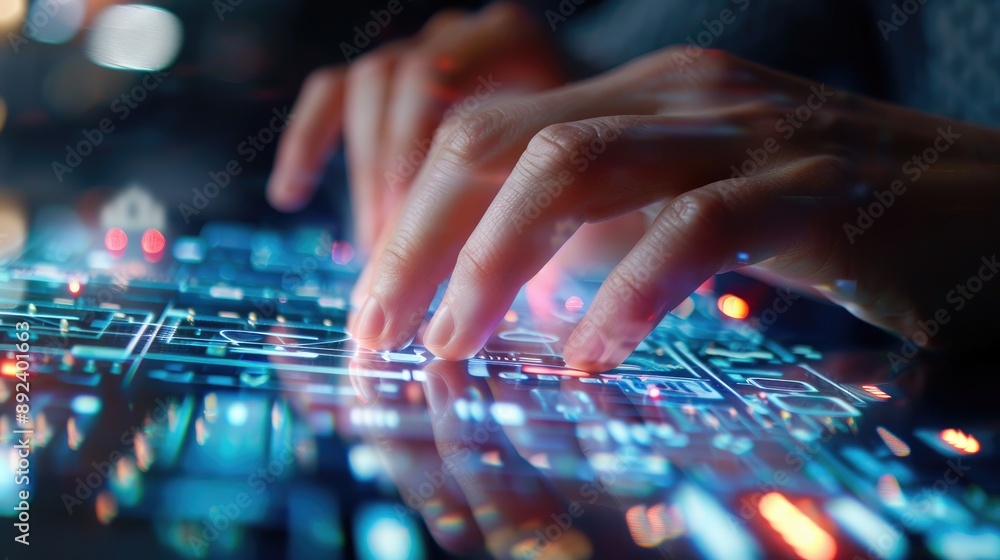 Hands typing on a futuristic touch screen keyboard Hands typing on a futuristic touch screen keyboard