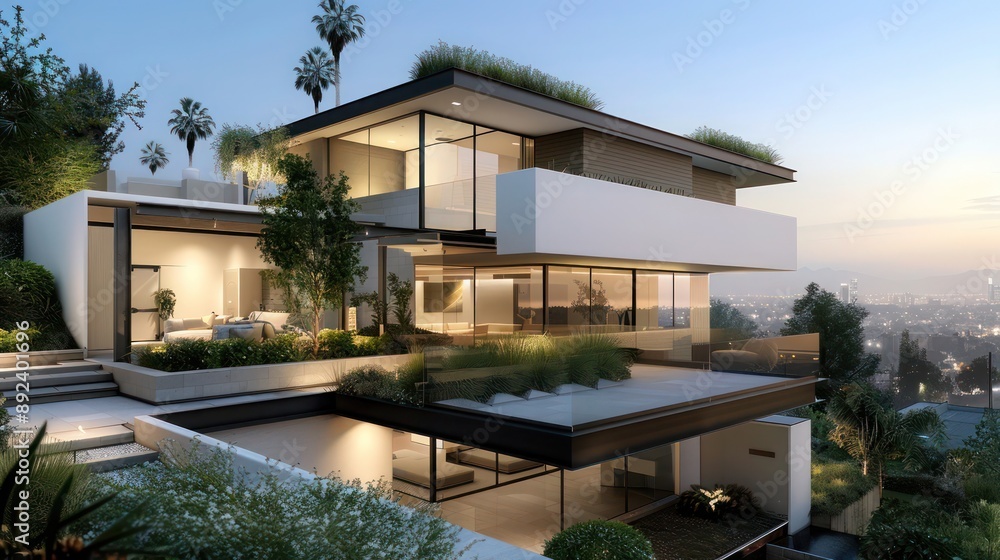 Contemporary suburban home with clean lines and a minimalist design, featuring a rooftop garden and panoramic city views Include copy space for text Contemporary suburban home with clean lines and a minimalist design, featuring a rooftop garden and panoramic city views Include copy space for text