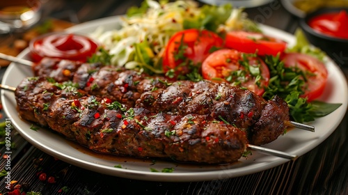 The restaurant plate of kabab with ketchup on the table