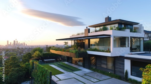 Contemporary suburban home with clean lines and a minimalist design, featuring a rooftop garden and panoramic city views Include copy space for text