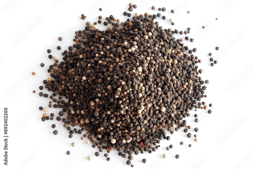 A pile of black pepper seeds on a clean white surface A pile of black pepper seeds on a clean white surface