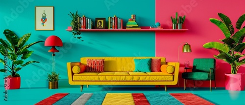 A vibrant living room with colorful pigments on the walls, an eclectic shelf filled with books and decor, cozy and artistic setting, captured in highresolution realistic style photo