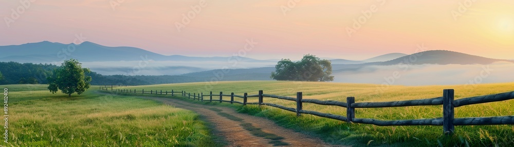 Soft pale tones of dawn light, a winding path through a meadow with a rustic wooden divider, peaceful and calm, captured in photorealistic detail Soft pale tones of dawn light, a winding path through a meadow with a rustic wooden divider, peaceful and calm, captured in photorealistic detail