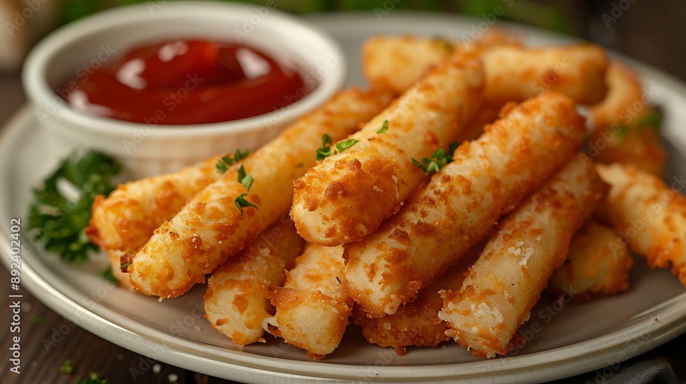 Tomato ketchup and cheddar cheese sticks on a woodland road plate Tomato ketchup and cheddar cheese sticks on a woodland road plate