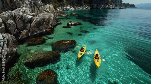 Couple kayaking near a rocky coast, clear water, adventurous spirits, beautiful landscape, captured in photorealistic detail