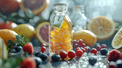 Immune System Enhancer Vitamin C in Clear Crystal Bottle with Hologram Surrounded by Citrus Fruits and Berries for Health Ads