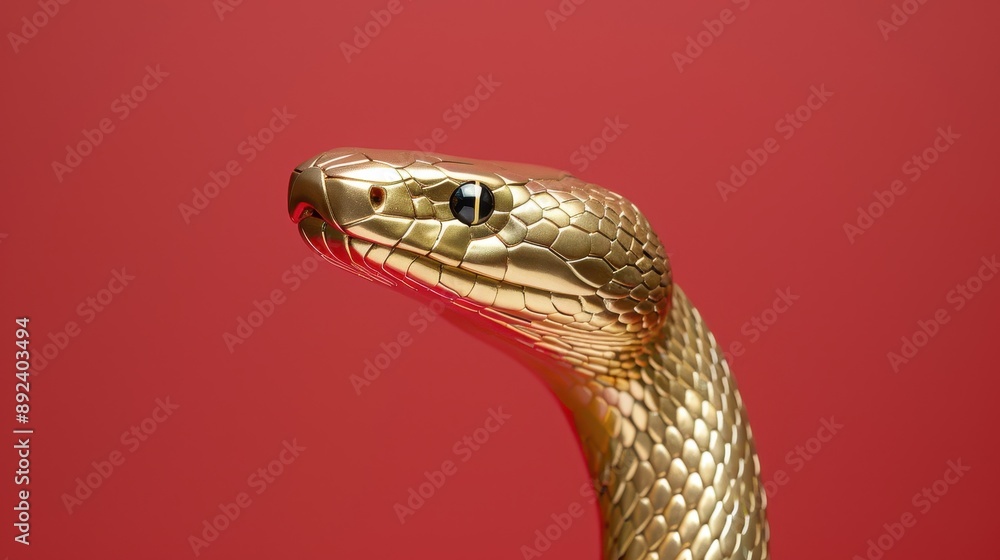 Ornate gold snake sculpture in front of red background Ornate gold snake sculpture in front of red background