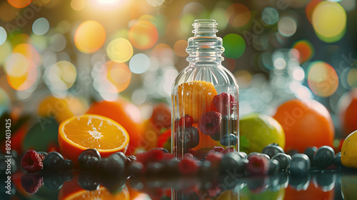 Immune Boosting Vitamin C in Clear Crystal Bottle with Hologram Surrounded by Citrus Fruits and Berries Perfect for Health Advertisements