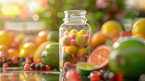 Vitamin C boosting immune function, active white blood cells and robust immunity, showing hologram of Vitamin C, in a clear crystal bottle surrounded by citrus fruits and berries