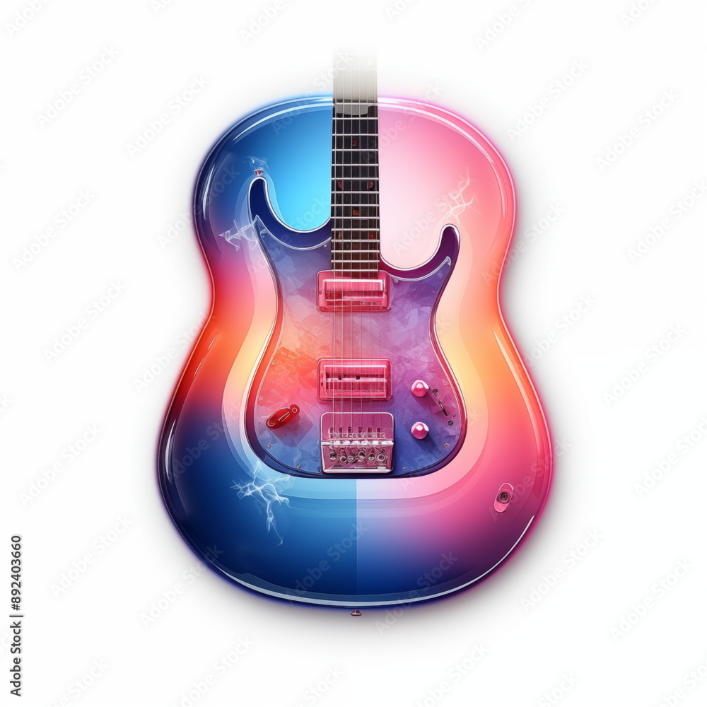 Fototapeta premium Neon 3D guitar icon isolated. Guitar live music and performance, guitar play party, graphic design