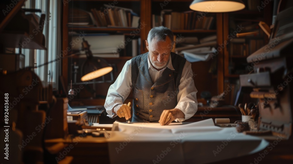 Professional tailor at work, measuring and making client's cloth,, with copy space Professional tailor at work, measuring and making client's cloth,, with copy space