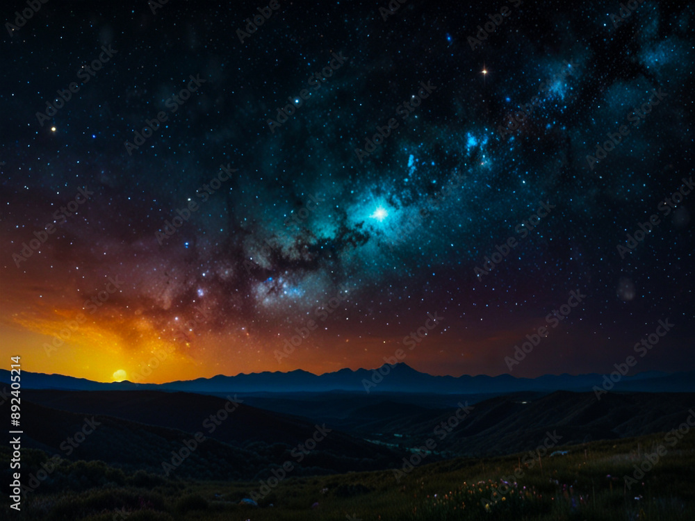 Fototapeta premium The sunset and cluster of stars each with its own nebula in a fascinating mix of colors and shapes ai generated