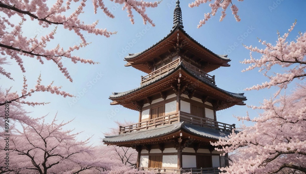 Traditional Japanese pagoda surrounded by cherry blossoms in full bloom, with soft, diffused morning light and a clear blue sky
Traditional Japanese pagoda surrounded by cherry blossoms in full bloom, with soft, diffused morning light and a clear blue sky