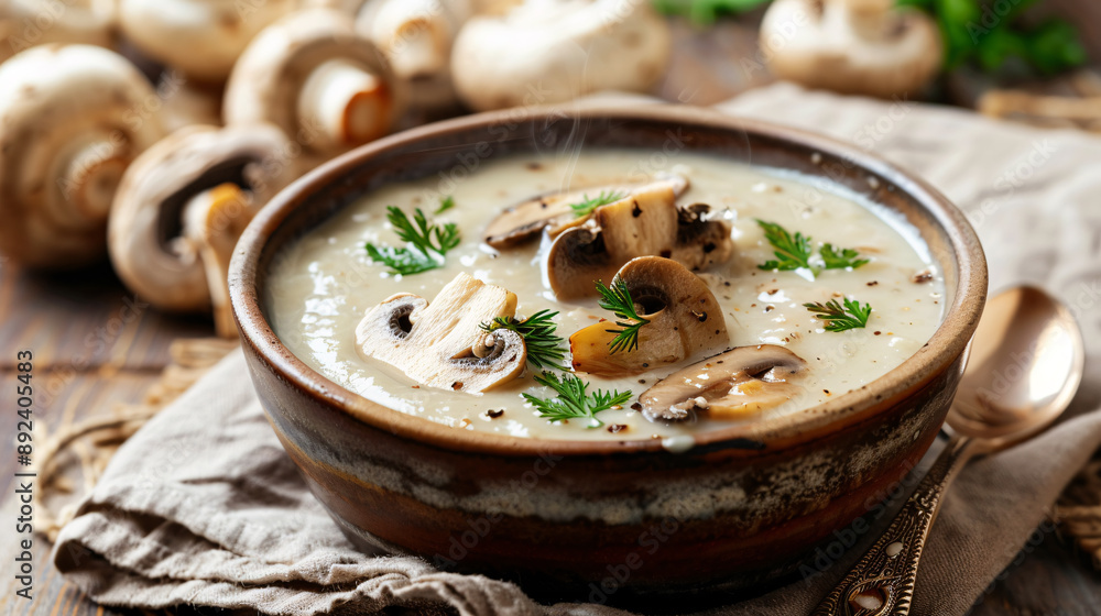 Colorful variety of fresh mushrooms in a creamy mushroom soup Colorful variety of fresh mushrooms in a creamy mushroom soup