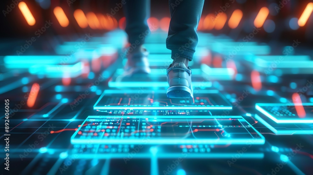 mentor's holographic image guiding a young professional up a glowing, neon-lit career ladder. mentor's holographic image guiding a young professional up a glowing, neon-lit career ladder.