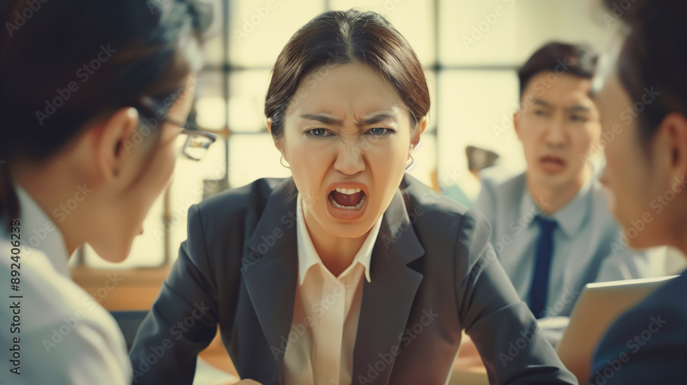 Illustration of Asian businesswoman yelling in a heated workplace confrontation. Illustration of Asian businesswoman yelling in a heated workplace confrontation.