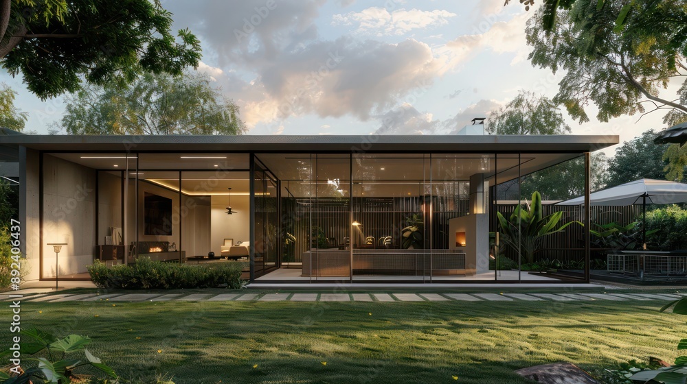 Obraz premium Contemporary suburban home with minimalist architecture, featuring a transparent facade and a lush backyard Include space for text