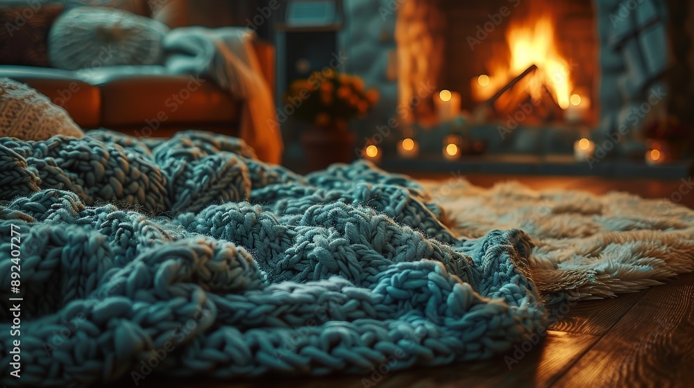Knitting cozy blankets by the fireplace, warm lighting, and soft textures Knitting cozy blankets by the fireplace, warm lighting, and soft textures
