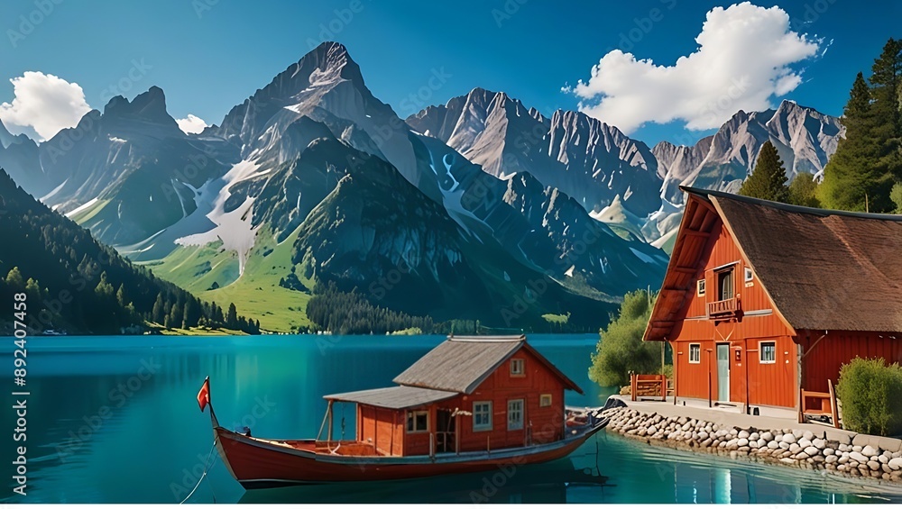 Fototapeta premium Tranquil Lake Escape || Red houseboat || AI Generated