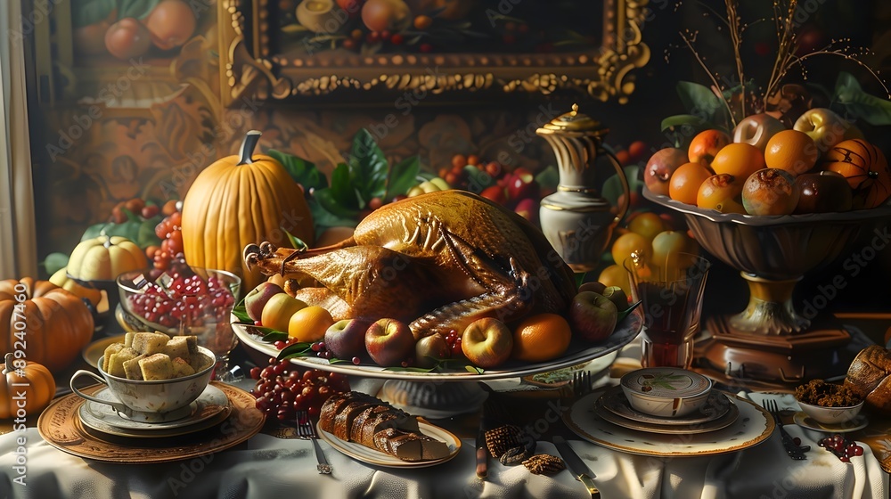 A Bountiful Thanksgiving Feast with a Roasted Turkey Centerpiece and Lavish Autumn Decor A Bountiful Thanksgiving Feast with a Roasted Turkey Centerpiece and Lavish Autumn Decor